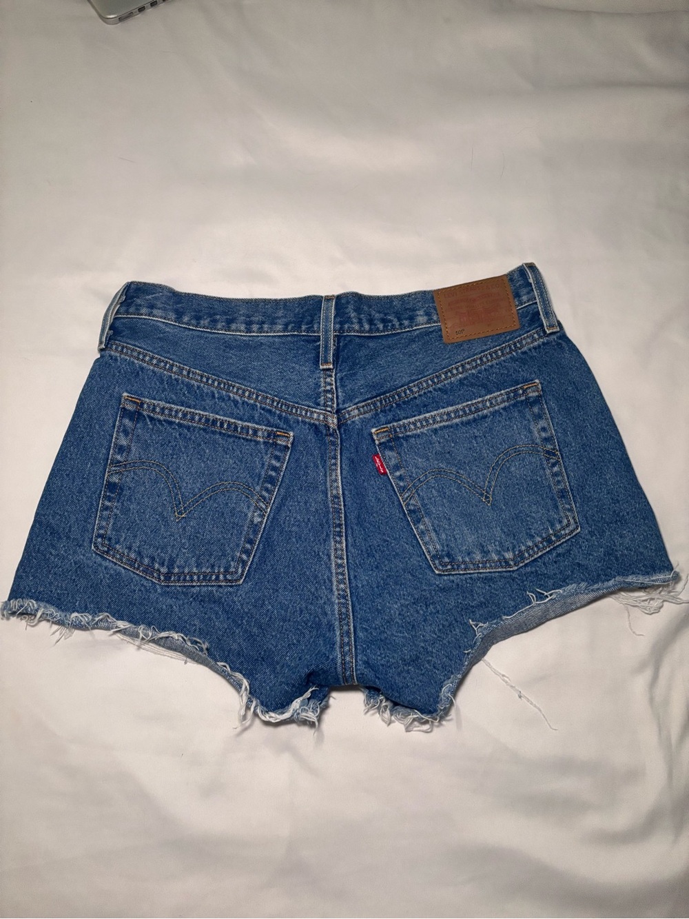 Levi's Dark Blue Denim Frayed Cutoff Shorts - Picture 3 of 7